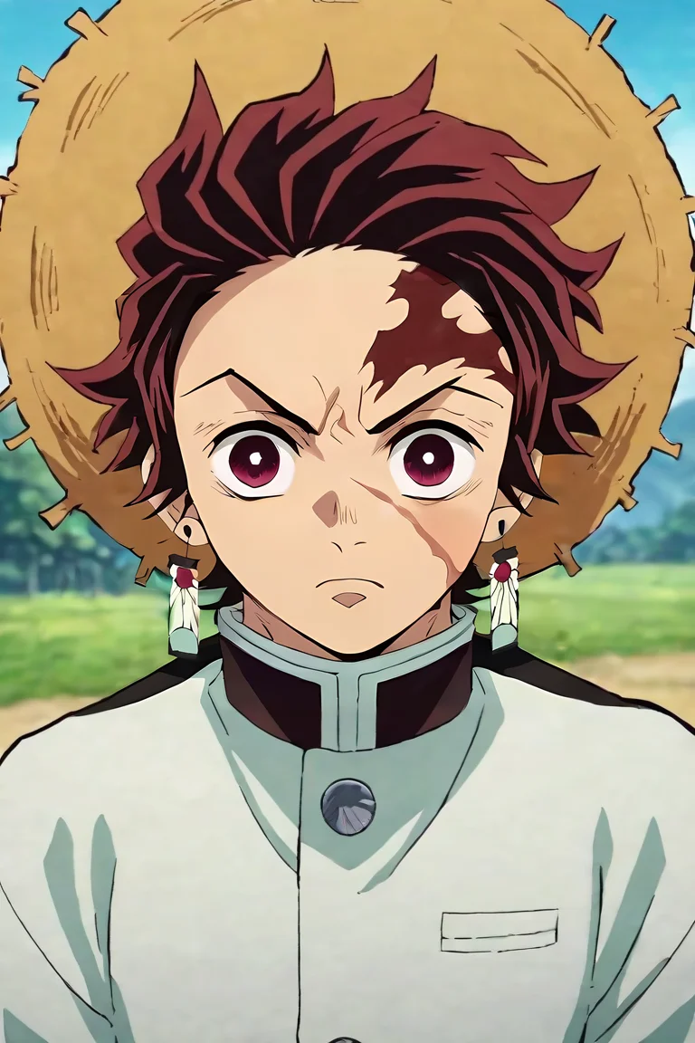 score_9, score_8_up, score_7_up, score_6_up, score_5_up, score_4_up, BREAK source_anime, anime screencap, anime coloring, , looking at viewer, upper body, depth of field, 1boy, solo, male focus, <lora:tanjirou_kamado_pony:0.86>, tanjirou_kamado, red hair, red eyes, short hair, scar, scar on face, scar on forehead, demon slayer uniform, , straw hat, , , <lora:sdxl_lightning_8step_lora:1>