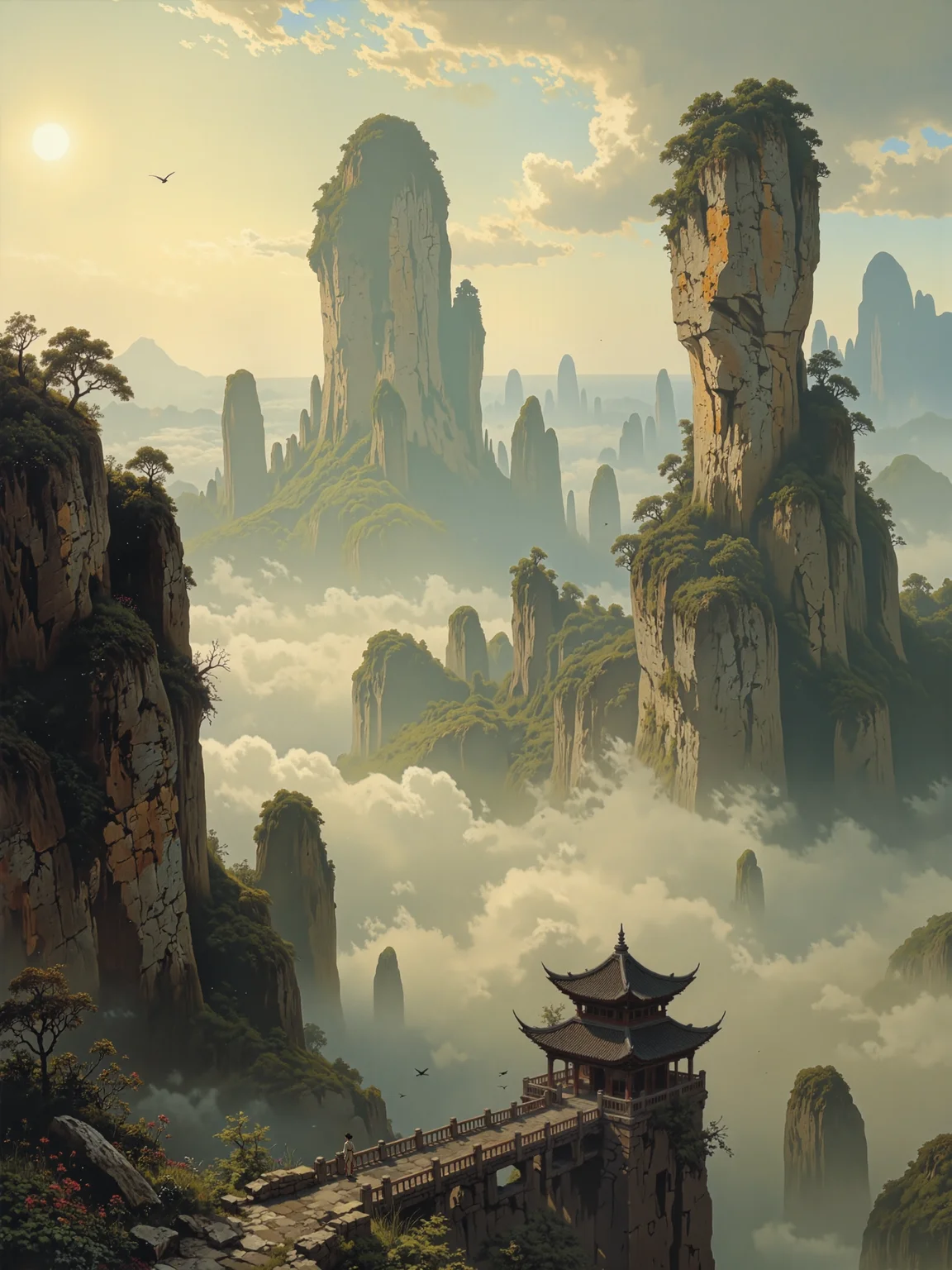famous artwork, masterful use of light and shadow, masterful composition following the rule of thirds, chiaroscuro, dappled sunlight, at dawn, romanticism oil painting of the floating peaks of zhangjiajie in the style of caspar david friedrich, towering sandstone pillars rising through a sea of mist, their sheer cliffs overgrown with lush green vegetation with small accents of colorful wildflowers, the scene is bathed in a golden morning light, soft rays piercing through the ethereal mist, casting long shadows and highlighting the rugged texture of the stone, delicate wisps of cloud wrap around the formations, further emphasizing their towering grandeur, the atmosphere is serene yet awe-inspiring, evoking a sense of the sublime, a narrow, winding mountain path leads toward a detailed wooden bridge that connects two towering peaks, an ancient and awe-inspiring temple built in traditional chinese style sits atop a pillar in the middle ground, its curved roof and ornate details blending harmoniously with the natural landscape, in the foreground a lone woman in traditional chinese robes stands at the edge of a precipice, gazing into the vast expanse before them, evoking a deep sense of solitude and contemplation, her figure small against the grandeur of nature, the background reveals layers of mist-covered mountains fading into the distance, the farthest peaks dissolving into soft hues of blue and gray, enhancing the sense of vastness and depth, birds with outstretched wings glide through the mist, their silhouettes adding movement and vitality to the composition, the brushwork is masterful, combining delicate detailing in the rocky cliffs and foliage with expressive, sweeping strokes for the clouds and sky, the color palette is rich yet atmospheric, dominated by warm golden hues, cool blues, and deep earthy greens, the interplay of light and shadow is skillfully rendered, enhancing the dramatic, almost dreamlike quality of the painting, painted with oil on canvas using a luminous glaze technique, subtle impasto adding texture to the rocky formations, soft diffused edges in the mist creating an ethereal quality, a tribute to the romantic eraâs celebration of untamed nature and human insignificance in the face of its majesty, capturing the spirit of wanderlust and the sublime, an exquisite and timeless masterpiece, ovg, style of charles-francois daubigny, <lora:style-cheats-by_schmede:0.44> <lora:style-amazing_scenery-v3-flux-by_marielle:0.84> <lora:style-charles-francois_daubigny-flux-by_tangbohu:0.24>