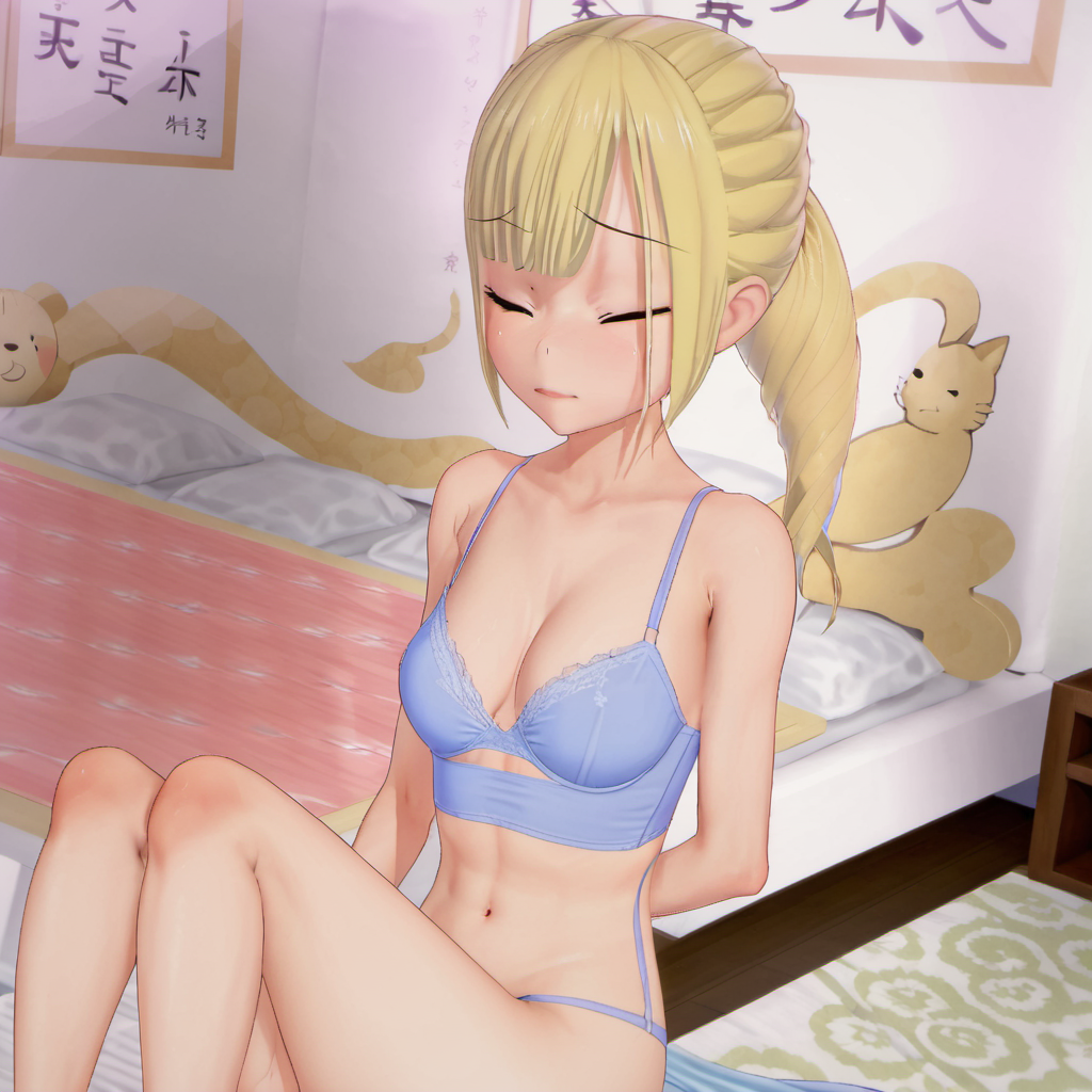 Ayane Amamiya, solo, medium breasts, bra, cleavage, book, closed mouth, one eye closed, open clothes, spaghetti strap, ponytail, blue eyes, ass, straight hair, indoors, blonde hair, sitting, camisole, simple background, bedroom, blue bra  <lora:Ayane_Amamiya:1>