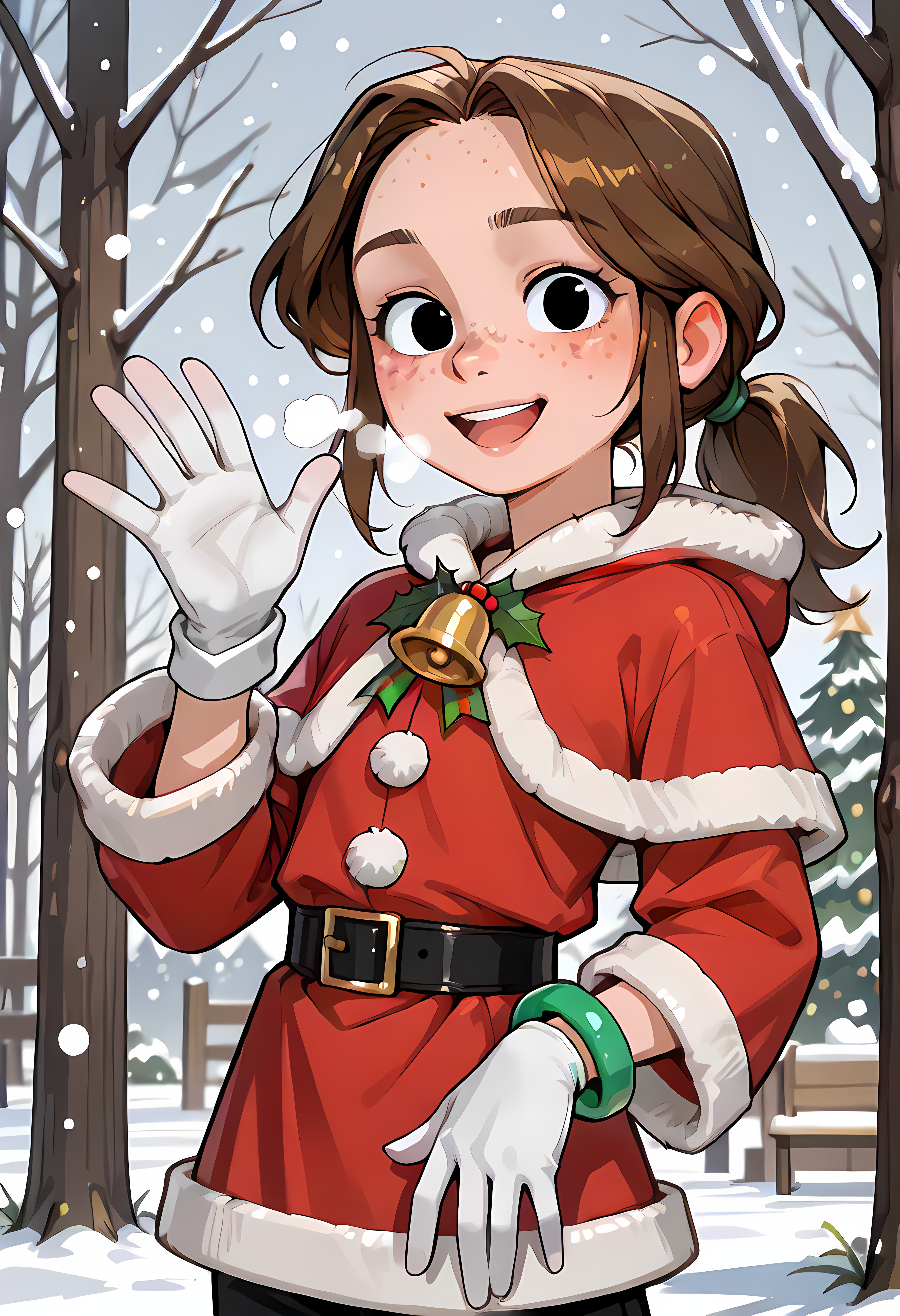 solo, brown hair, black pants, 1girl, ponytail,charlotte,<lora:Charlotte_emily_ill:0.8>, black eyes, green bracelet  on right hand ,flat chest,green clip, high resolution, 2k resolution:1.0, 1girl, t,freckles,,solo,bracelet on single hand,flat chest,,,very young girl,