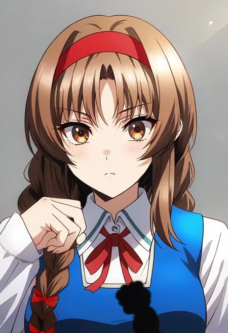 best quality, 4k, rating_safe, very aesthetic, source_anime,1girl, <lora:Takao:0.9>,takao,brown hair,brown eyes,long hair,single braid,red hairband,neck ribbon,white shirt,long sleeves,blue vest,gray skirt,school uniform,