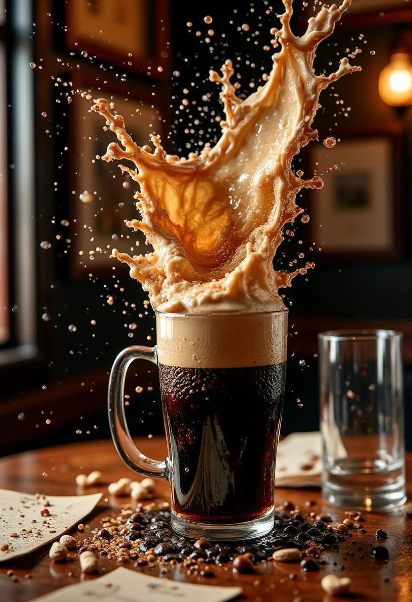 yfg-c0ff, A gush of dark, frothy Guinness, forced from a shaken pint glass, creates a rich spray against a lively Irish pub table. The Guinness, captured in a moment of aromatic eruption, forms a cloud of foam and droplets, reflecting the warm ambient lights. A few stray peanuts and a crumpled beer mat lie scattered on the table, adding to the traditional pub scene. The glass, now empty, lies on its side, its label partially obscured by the spilled Guinness. The background is a cozy Irish pub, with dark wood decor and traditional music playing.