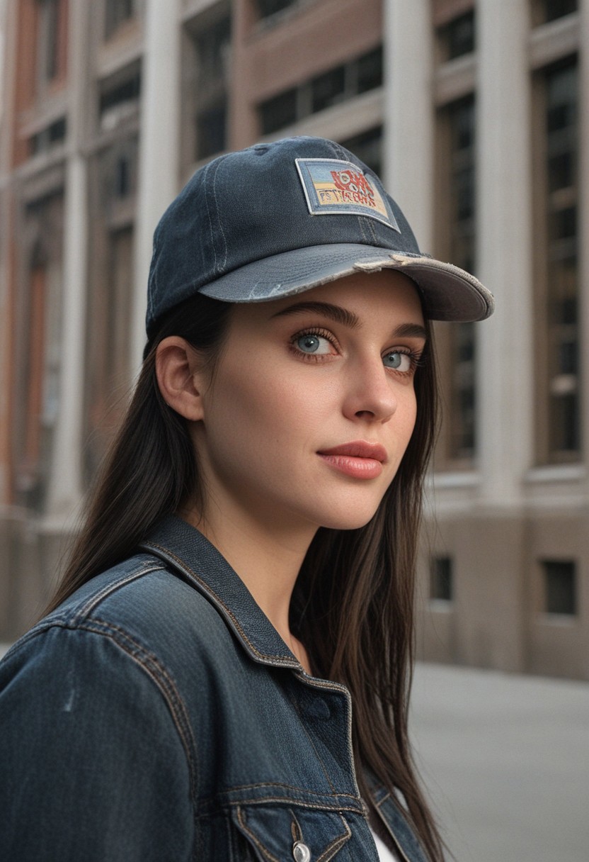 30yo woman posing for pic in front of tall building.
Blue eyes. small perfecteyes 
Wearing ripped Denim jacket red trucker hat
no makeup. Clear skin.  realistic skin style
Long dark black slick back hair. No makeup. Dusk, Street light. Looking at camera POV. Slight smile, tilting head.. Tilt head.
Medium Close Up shot. Bokeh. Bokeh light.