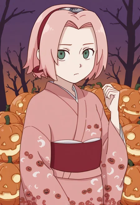 Score_9_up, score_8_up, score_7_up, source_anime, Expressiveh, perfect eyes, 1girl, solo, 1girl, haruno sakura, pink hair, short hair, green eyes, slim body,Small breasts,average height,
halloween background,pink kimono,pumpkins,dynamic lighting,