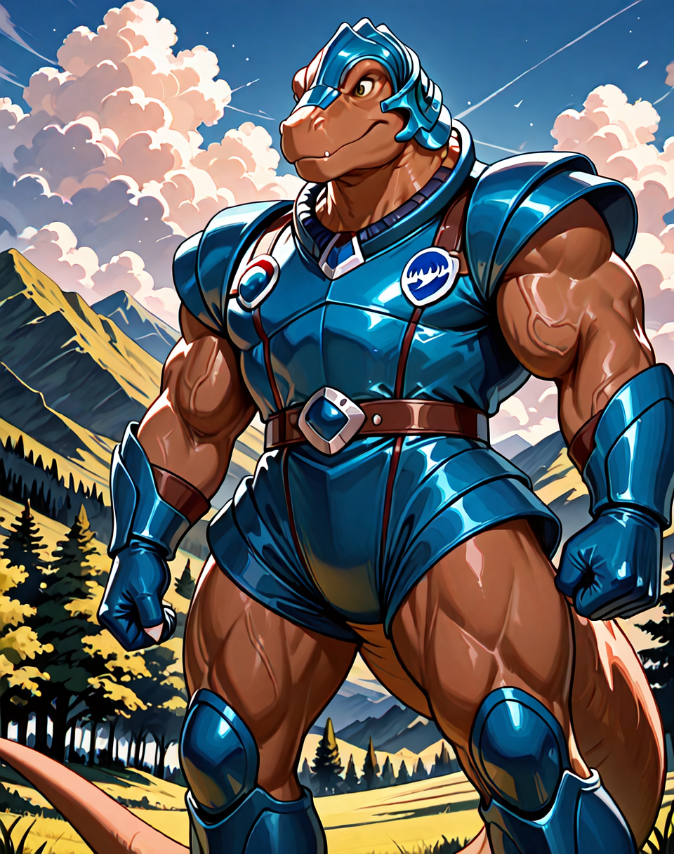 8K, In'ei, chiaroscuro, volumetric lighting, perfect depth of field shot, beautiful, sharp focus, crisp details, masterclass animation, photographic realism, 
<lora:Allo_(Dinosaucers)_(Illustrious)_(AD):1> Allo, Dinosaucers, dinosaur, muscular, 
impressive physique, peak physical condition, large shoulders, large biceps, wide thick upper body, thick legs, thick arms, veiny muscles, perfect proportions,
exterior, sky with clouds, nature, mountains, 
dynamic action, bent leg, nature, cowboy shot, armor, in the style of the cartoon Dinosaucers, brown skin, 
BREAK zPDXL, Smooth Quality, IllusP0s,