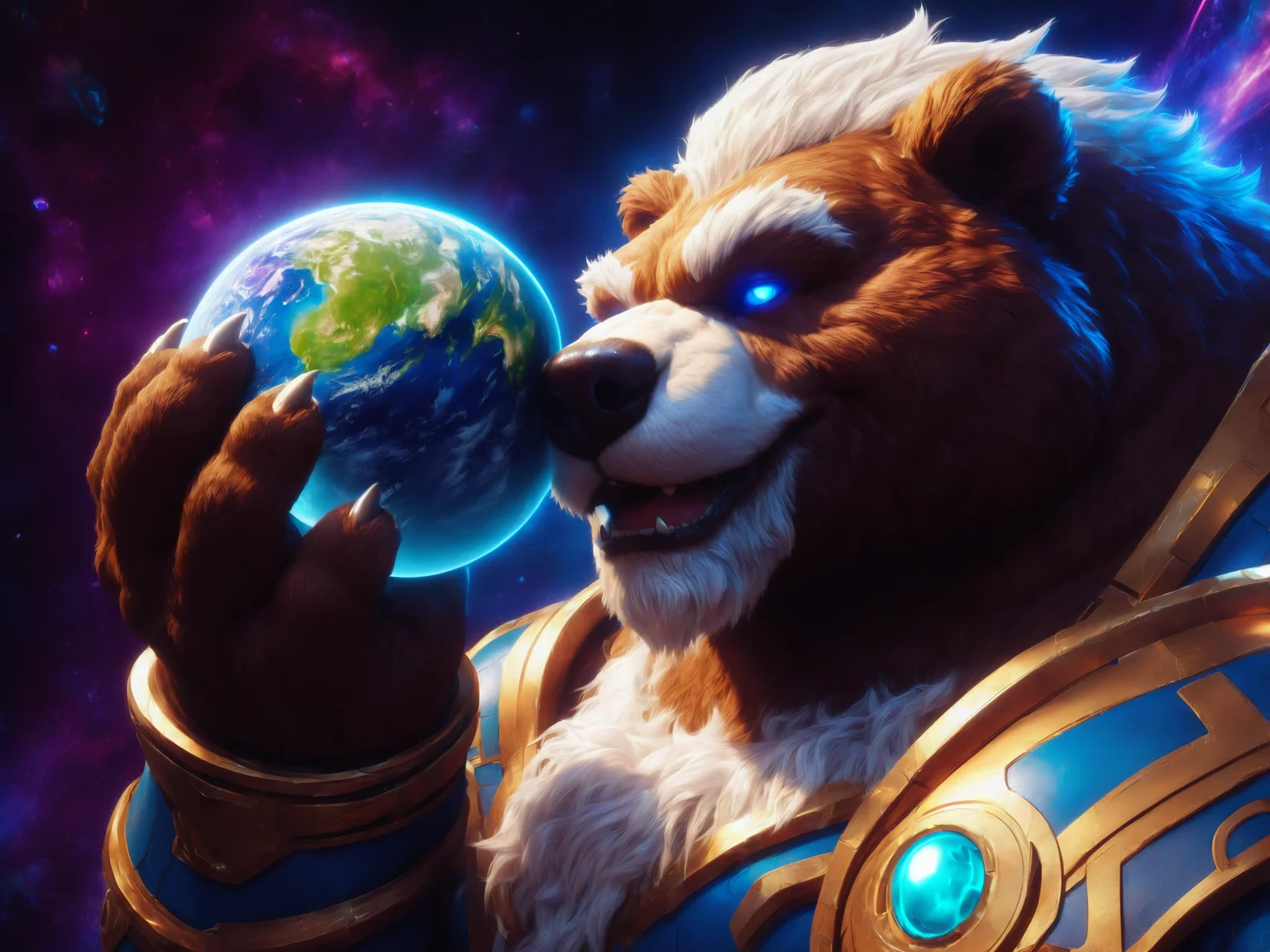 space, space, terra macro, headshot portrait, armor, open mouth, frown, smile, manly, male, sniffing, planet sniffing, handpaw, 5 fingers, holding planet, planet in hand,
<lora:macrobear_v3.1.1:0.8> <lora:SDXLFaeTastic2400:1>, score_9.score_8_up.score_7_up.score_6_up.score_5_up.score_4_up.source_furry, high quality, detailed, beautiful, realistic, outstanding, countershading,, bear, furry, brown fur, white mane, white eyebrows, chest tuft, white tuft, musclegut, detailed fur, thick arms, thick thighs, blue eyes, glowing eyes, handpaw,, digital drawing (artwork), raytracing, 4K UHD, high detail, vibrant,dark fantasy, raytracing, detailed background, realistic, detailed, extremely detailed CG unity 8k wallpaper, unreal engine, realism,