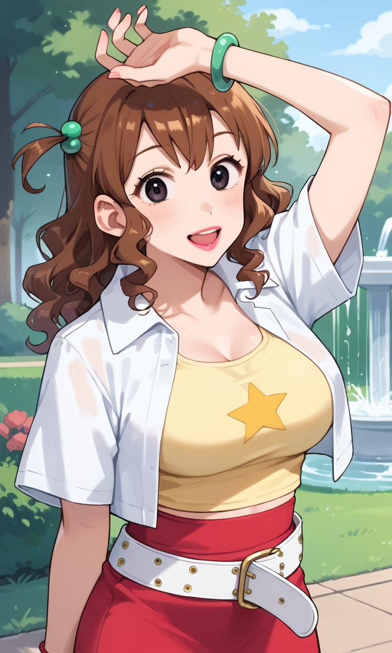 (1girl:1.5), (solo:1.3), (score_9, score_8_up, score_7_up, score_6_up, score_5_up, score_4_up), (source_anime), rating_questionable,
 <lora:kutsuzoko-atsuko_v3:0.8> (kutsuzoko-atsuko), (hair between eyes, black eyes, one side up, hair beads, brown hair, medium hair, curly hair, pink lips, lipstick), (large breasts),
 (white shirt, cropped shirt, short sleeves, open clothes, yellow tank top, star \(symbol\), white belt, loose belt, red skirt, miniskirt, pencil skirt, bracelet) ,
outdoors, park, fountain, arm up, smile, open mouth,