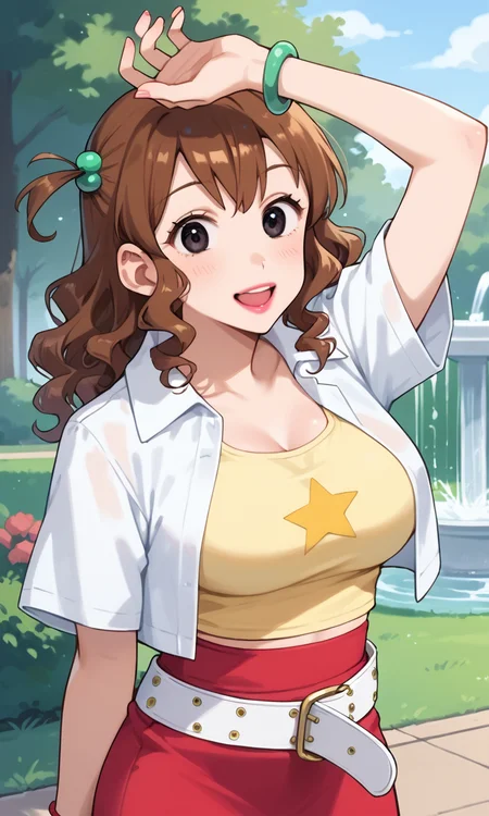 (1girl:1.5), (solo:1.3), (score_9, score_8_up, score_7_up, score_6_up, score_5_up, score_4_up), (source_anime), rating_questionable,
<lora:kutsuzoko-atsuko_v3:0.8> (kutsuzoko-atsuko), (hair between eyes, black eyes, one side up, hair beads, brown hair, medium hair, curly hair, pink lips, lipstick), (large breasts),
(white shirt, cropped shirt, short sleeves, open clothes, yellow tank top, star \(symbol\), white belt, loose belt, red skirt, miniskirt, pencil skirt, bracelet) ,
outdoors, park, fountain, arm up, smile, open mouth,