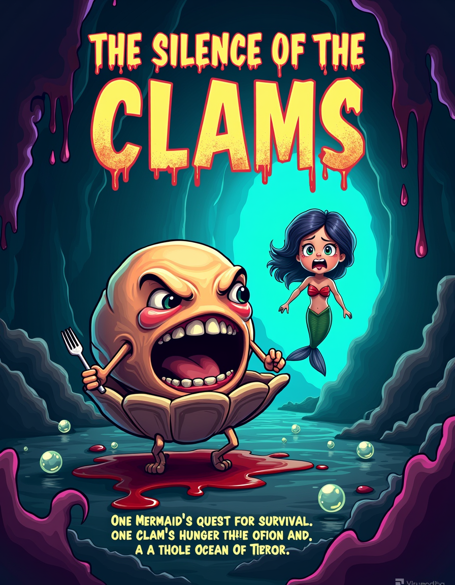 A digital illustration of a parody movie poster Titled "The Silence of the Clams," a parody movie poster of "The Silence of the Lambs" features a menacing cartoon clam with a human-like face, wearing a tiny, disheveled Hanibal Lecter-inspired mask. The clam has a mischievous twinkle in its eye, and its mouth is wide open, showing rows of razor-sharp teeth. It's holding a tiny fork in one of its shells, gesturing as if it's about to attack.
In the background, a terrified, wide-eyed young mermaid is swimming away frantically, leaving a trail of bubbles behind her. The whole scene takes place in a dark and eerie underwater cave, with glowing purple and green algae covering the walls.
The movie title is written in a grungy, dripping font, with a splash of blood-red color at the end. The tagline reads: "One mermaid's quest for survival. One clam's hunger for fresh meat. And a whole ocean of terror."
Overall, the poster conveys a dark and suspenseful atmosphere, with a touch of humor that's sure to appeal to fans of the original movie.