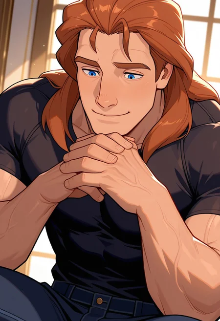masterpiece,best quality,amazing quality,very aesthetic,absurdres,newest, huge filesize, Prince_Adam_BTB, 1man male focus, solo, auburn hair, blue eyes, lean and muscular, mature, long hair, strong, tall, manly, masculine, classy, soulful eyes, artistic, score_9, score_8_up, score_7_up, Masterpiece, Best Quality, beautiful eyes, detailed eyes, male focus, dynamic angle, male focus, solo, face focus, front view, gentle smile, standing, ((male)), ((mature)), ((adult)), handsome, sexy, ((slender)), ((pecs)), ((bara)), ((twunk)), Prince_Adam_BTB, 1man, auburn hair, blue eyes, Golden Hour Shot, facing camera, medium close-up, sitting down, hands clasped in front on his knees, black fitted t-shirt, dark denim jeans