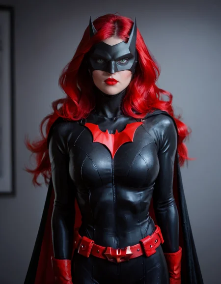 score_9, score_8_up, score_7_up,
1girl, Kate Kane, pale skin, long hair, red hair, upper body, breasts, black bodysuit, lipstick, mask, green eyes, bat cape, red bat gloves, red belt, blur bedroom <lora:Batwoman:0.7>