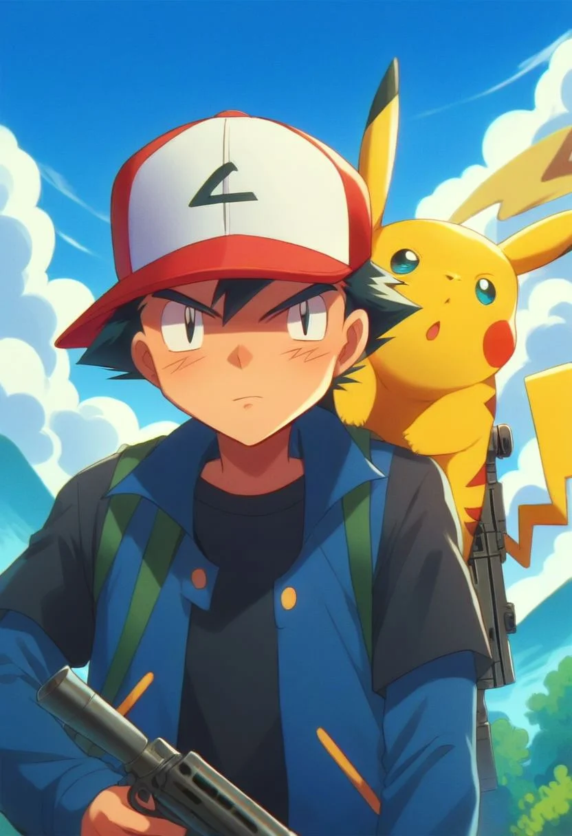 score_9, score_8_up, source_anime, highly detailed, 1boy, solo, skinny
ash3, 1boy, pokemon (creature), hat, male focus, baseball cap, black hair, day, on shoulder, jacket, shirt, black shirt, sky, determined, holding a Sniper Rifle, laying on the ground
outdoor,