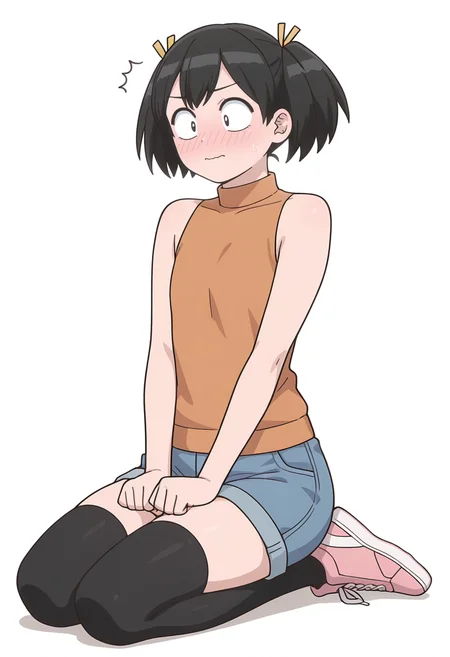 Smooth Quality,masterpiece,very intricate, high quality details, ultra realistic, high detailed skin,detailed enviorement,
simple background, white background, flustered,
seiza, solo, 
 <lora:Tadano_Hitomi_cnn:0.8>
tadanohitomicnn, 1girl,black hair, short hair, twintails, black eyes, bangs, hair ribbon,
sleeveless turtleneck,shorts, black thighhighs, sneakers,