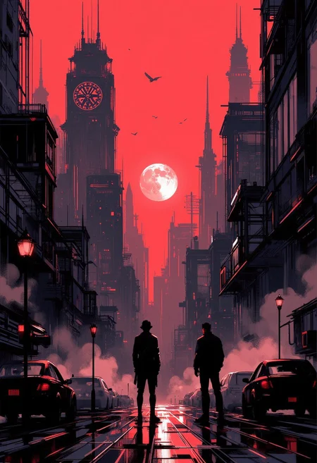 Cyberpunk cityscape, towering skyscrapers with intricate details and geometric patterns, a bright full moon dominating a red and black gradient sky, humid atmospheric conditions, reflections on wet streets, geometric industrial structures, silhouetted figures observing the city with soft warm lighting, melancholic tone, dramatic perspective, strong sense of depth, high resolution, graphic novel style.