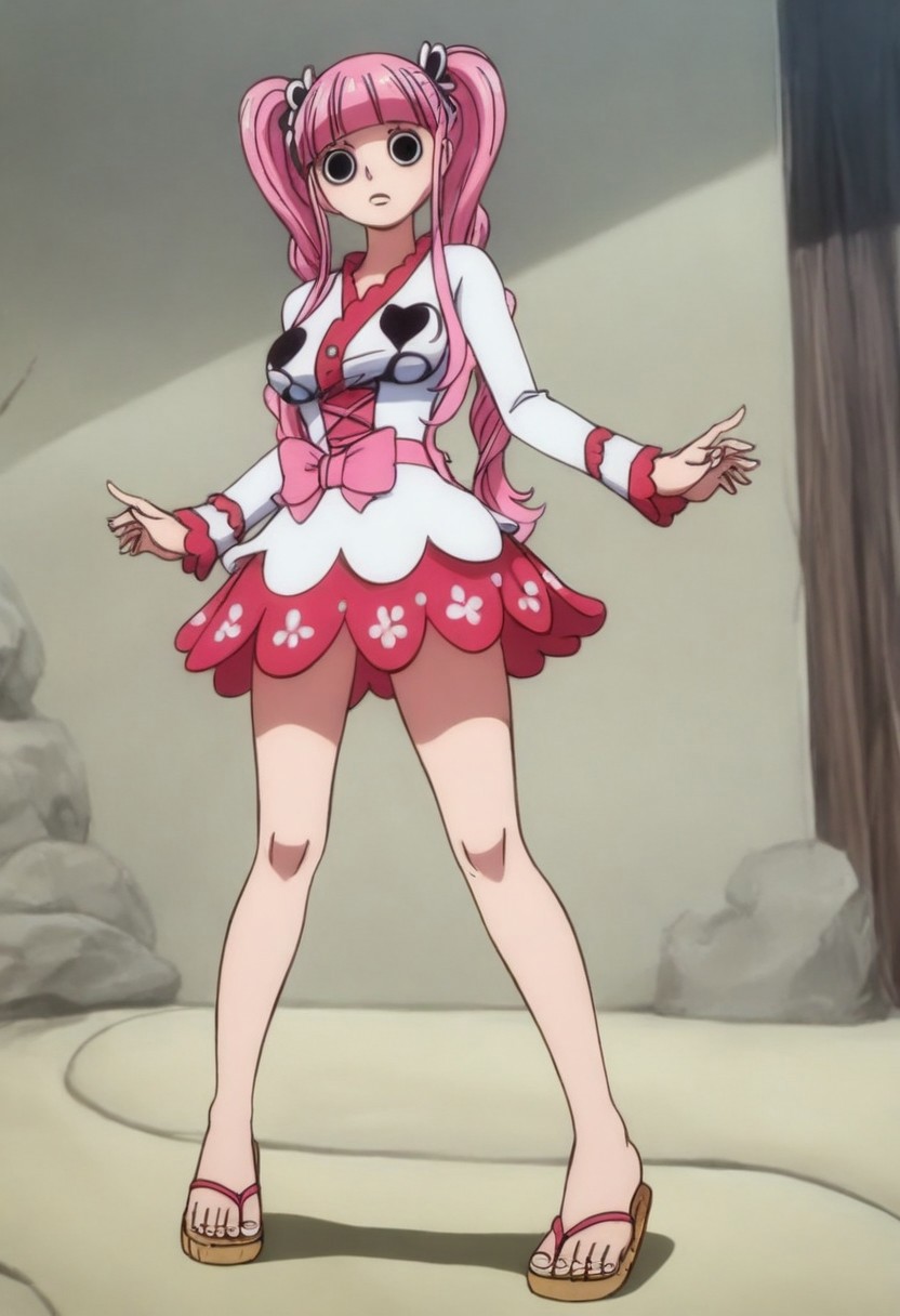 Perfect body, perfect face, masterpiece, best quality,amazing quality, absurdres, Perona, standing, dynamic pose, 1girl, sleeveless kimono, feet, toes, perfect feet, perfect toes, spread toes, pink toenails, sandals, (full body view), screencap