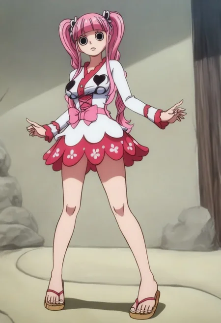 Perfect body, perfect face, masterpiece, best quality,amazing quality, absurdres, Perona, standing, dynamic pose, 1girl, sleeveless kimono, feet, toes, perfect feet, perfect toes, spread toes, pink toenails, sandals, (full body view), screencap