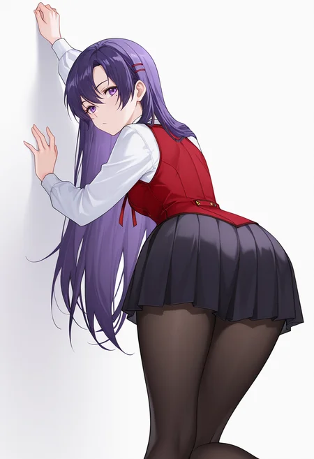 Smooth Quality,masterpiece,very intricate, high quality details, ultra realistic, high detailed skin,detailed enviorement,absurdres,
<lora:Rebecca_Bradley_CNR_r1:0.8> rebecca_cnr, purple hair, very long hair, hair between eyes, purple eyes, mole under eye, hairclip, school uniform,white shirt, collared shirt,red vest,black skirt, pleated skirt, long sleeves,black pantyhose, buttons,neck ribbon,, simple background, white background, from behind,solo,
leaning against surface, one leg bent, arm above head, hips thrust forward ,, :/,