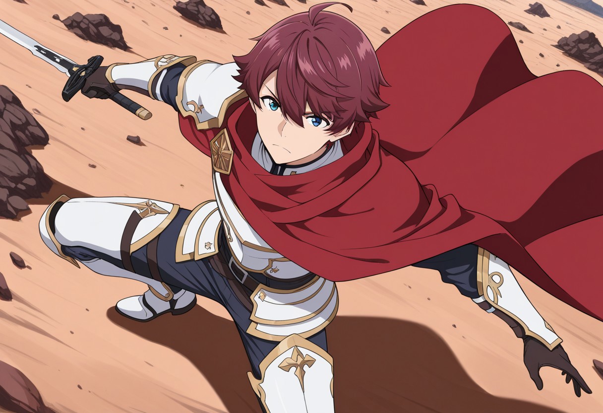 score_9, score_8_up, score_7_up, score_6_up, score_5_up, score_4_up, high quality, (detailed eyes:1.5), (detailed face), ((perfect face)), master piece, best high quality, ultra details, intricate details, male focus, detailed body, detailed background, perfect anatomy, masterpiece, high quality, best quality, amazing quality, very aesthetic, absurdres, ryuusen kazuki, maroon hair, blue eyes, white armor, gold trim, sword behind back, serious, red cape, red scarf, (battlefield), (((full body)))