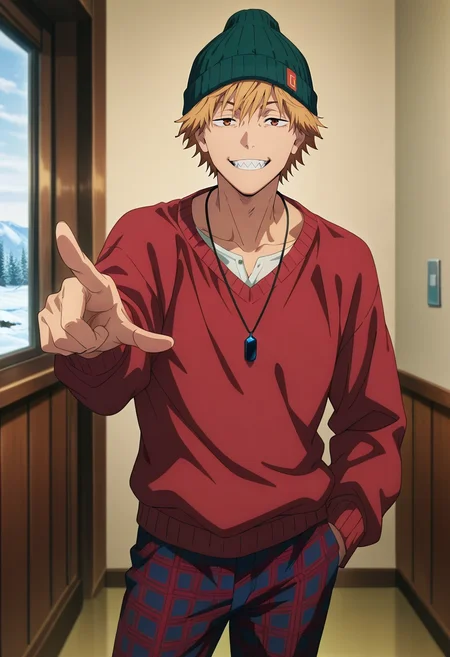 masterpiece, best quality, , anime screencap, anime coloring, official style, , 1boy, solo, male focus, <lora:denji_chainsaw_man_ilxl:0.98>, denji_chainsaw_man, blonde hair, brown eyes, short hair, bangs, sharp teeth, panorama, cold, ice, indoors, pointing, half-closed eyes, smile, Crimson Tartan Linen Plaid golf pants, Cardigan sweater, Athletic shoes, Beanie, Pendant