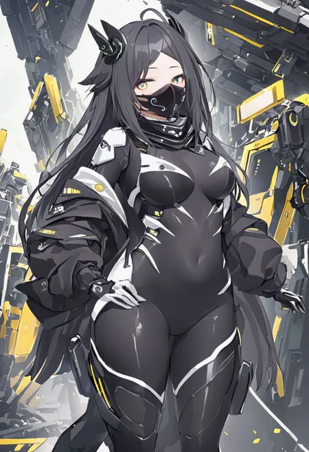 Best quality, masterpiece, sci-fi extremely dim abyss city, one girl with round huge breasts, dynamic movement, moving hands, moving legs, falling debris, long scarf, jet black long messy hair with extremely long fringe, one eye covered, overmasked, black mask over mouth, white eye, black full bodysuit with belts and pockets, mechanical arms, baggy jacket, slim waist, slim belly, tight pants, thick clavicle, thick hips, thick thighs, long boots