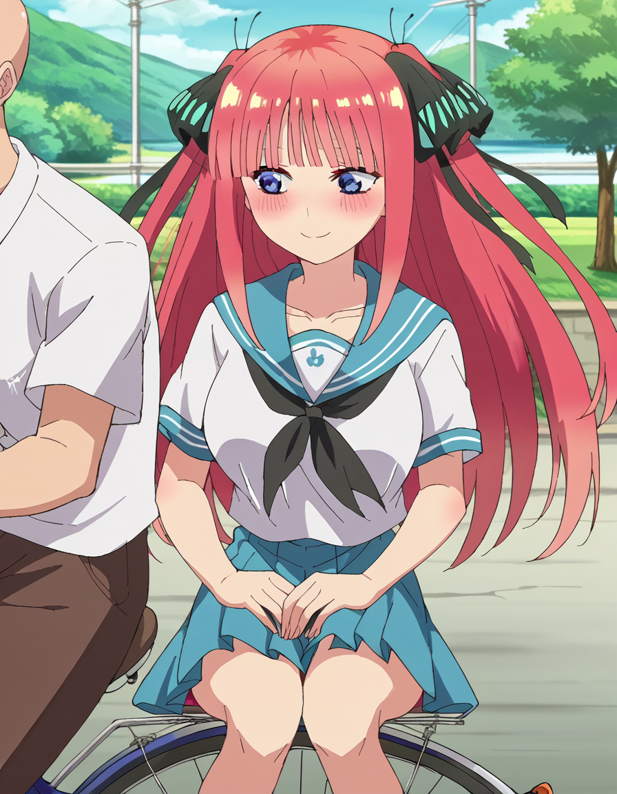score_9, score_8_up, score_7_up, source_anime, <lora:nnakano-s2-ponyxl-lora-nochekaiser:1>, long hair, bangs, blue eyes, hair ornament, hair ribbon, pink hair, blunt bangs, two side up, butterfly hair ornament, large breasts, anime screencap, <lora:pillion-ponyxl-lora-nochekaiser:1>, pillion, brown eyes, hetero, couple, ground vehicle, riding, bicycle, multiple riders, outdoors, motion, floating hair, motion lines, hands on thighs,, school uniform, serafuku, gakuran, faceless, faceless male, bald, collarbone, blush, looking at another, smile, cowboy shot, knees,,