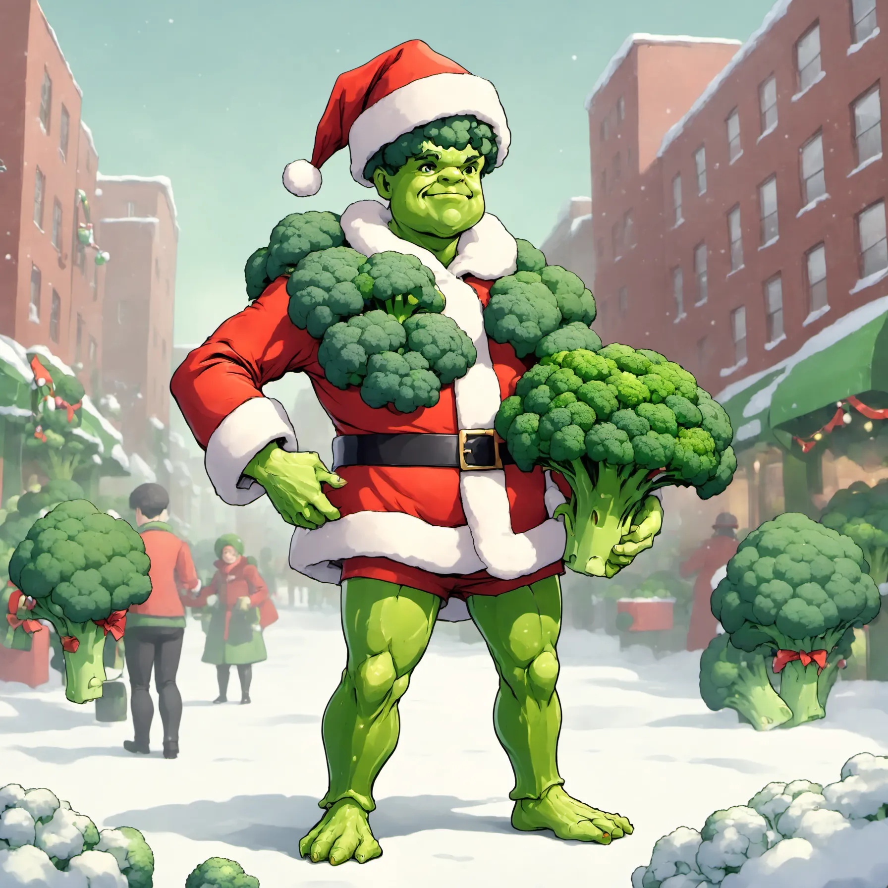 <lora:xmas-broccoli-man:0.8>xmasbroccoliman,He handed over broccoli as a gift in city.