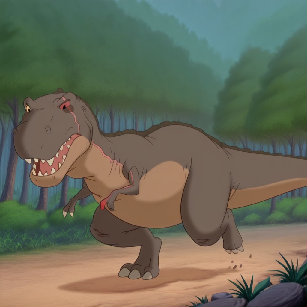 masterpiece, best quality, amazing quality, redclawlbtil, feral, male, Tyrannosaurus, brown skin, scar, one red sclera, one yellow sclera, black eyes, pink scar, forest,   fully body,  solo, one red finger claw, running, straight-on