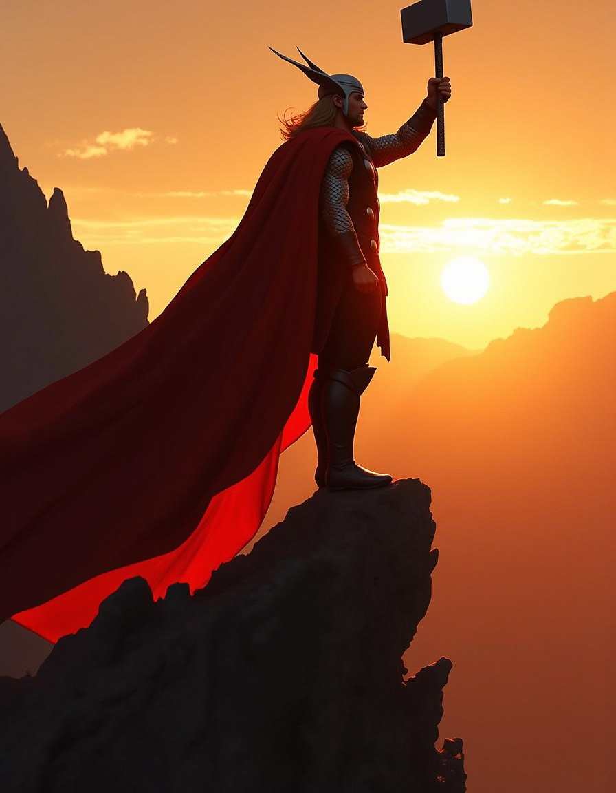 A superhero photograph capturing Thor standing on a mountain top during sunrise. The image is shot in stunning ultra-high definition with an absurd resolution of 64000 x 32000 pixels, resulting in highly detailed textures and intricate details. The composition style utilizes leading lines created by the mountain's terrain to guide the viewer's eye towards Thor, who is holding his hammer aloft, ready for battle.