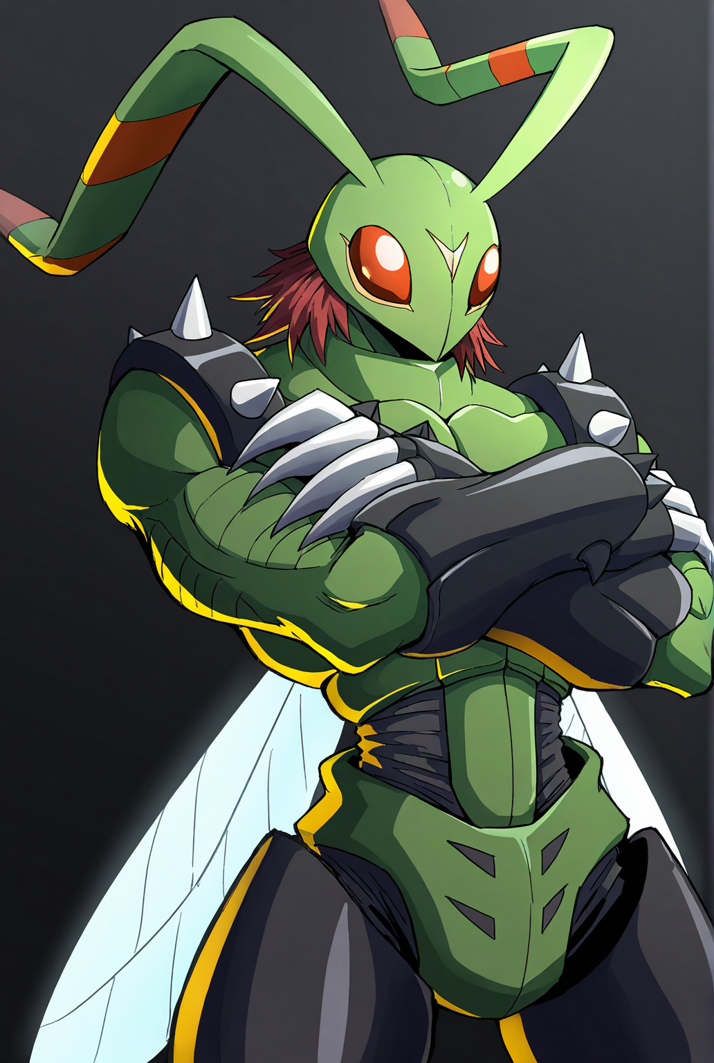 very awe,aesthetically pleasing,masterpiece,best quality,amazing quality,very aesthetic,ultra-detailed,high resolution,8k,1boy,solo,cowboy shot,male focus,detailed face,digimon, insect wings, no humans, wings, (creature), claws, spikes, antennae, red eyes, armor,standing,crossed arms,looking at viewer, front view,<lora:Stingmon:0.8>,stingm0n,digimon \(creature\),