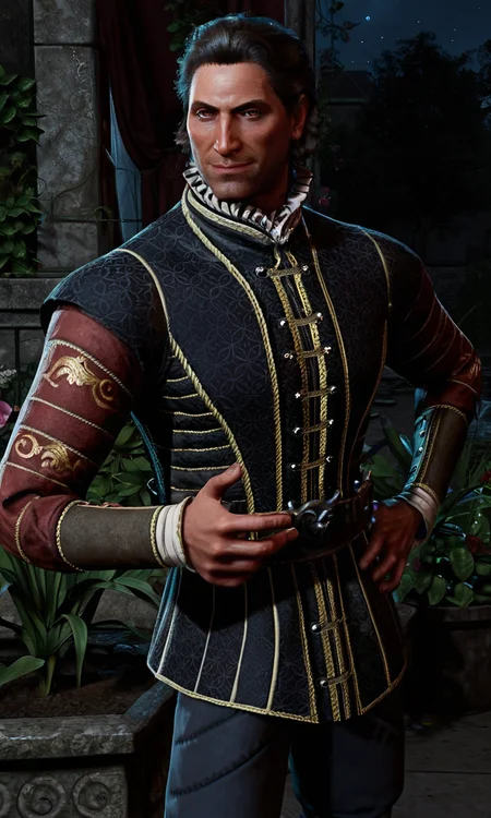 score_9, score_8_up, score_7_up, BREAK 1boy, solo, realistic, photo, male focus, short hair, black hair, brown eyes, mature male, hand on own hip, belt, formal, frills, neck ruff, BREAK dark, garden, outdoors, night, upper body, looking at viewer, smirk, raphael \(bg3\), <lora:bg3_raphael-000009:0.9>