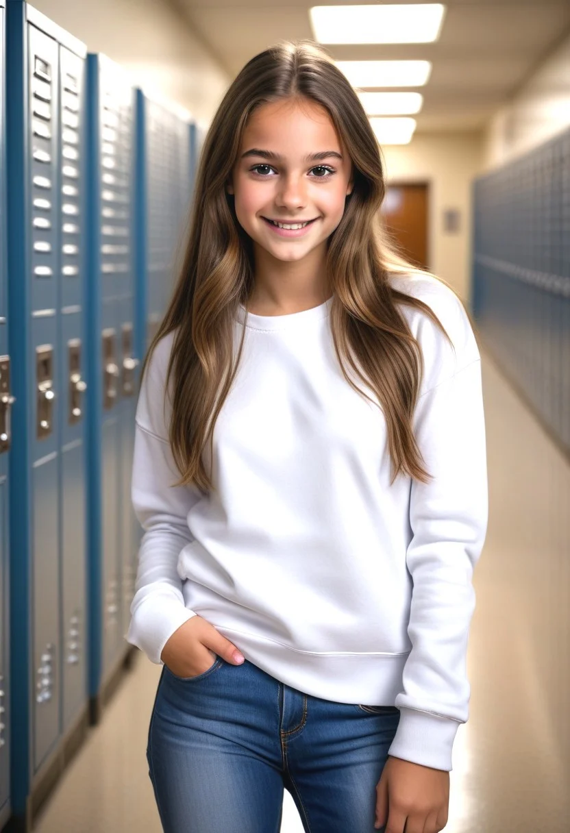 high quality photograph, photorealistic, hyperrealistic, masterpiece, 8k resolution, highres, high detail, sharp focus, detailed skin, 8k uhd, 1girl, solo focus, 18 years old, (Alyssa), dan1ela-001, Latina skin tone, upper body photograph, cute, petite, (very thin:1.5), lanky, tall, slender, adorable, shy smile, perfect teeth, innocent expression, heavy droopy eyelids, standing, playful pose, looking at viewer, white sweatshirt, ((tight jeans)), long brown hair, straight hair, in a school hallway with lockers in the background