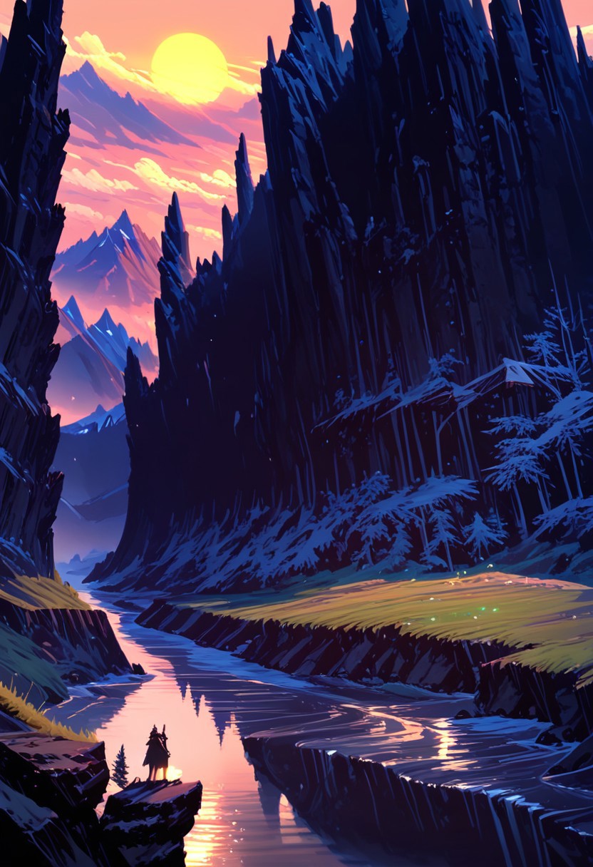 score_9, score_8_up, score_7_up, masterpiece, landscape, trees, sun, forest, mountains, river, epiCPhoto, hkmagic