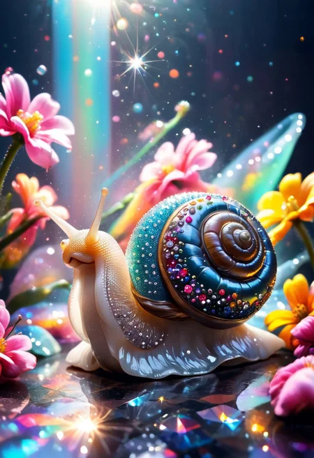 closeup of a snail. the shell is made of colorful diamonds. colorful background. sparkling background. flowers in background.
best quality, ultra-detailed, very aesthetic, illustration, perfect composition, intricate details, absurd, atmospheric lighting, streaks of light
Masterpiece, vibrant colors, very detailed, midjourneyv6.1, detail background, Shine colorful, perfect, perfection, perfection style, realistic photo