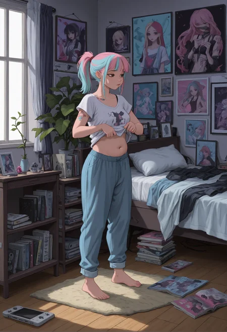 DisneyRenstyle, 1girl, solo, changing_clothes, bedroom, clothes_on_floor, clothes_on_bed, standing_on_floor,  pink and blue hairs, multicolored_hair, messy_room, (chubby:0.8), sunlight, light_rays, high_ponytail, shoulder_tattoo, barefoot, sidelighting, game_console, sweatpants,  tshirt_lift, dressing, plush, potted_plant, poster_\(object\), desk, hitachi_magic_wand, goth, magazine_\(object\), used_tissue,  book_stack, panty_peek, bored, good quality, masterpiece, best quality,  absurdres,  very aesthetic, amazing quality,highres