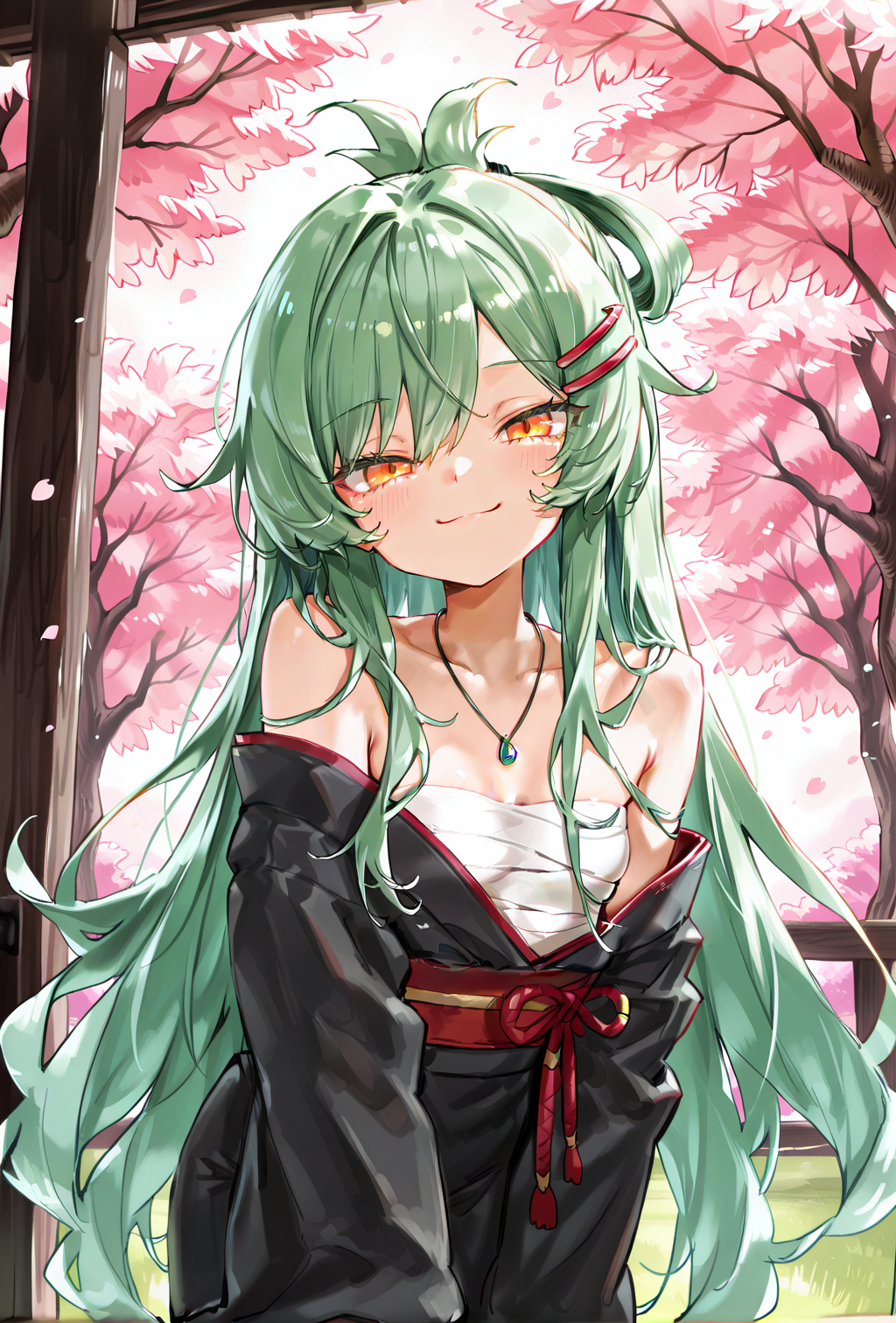 1girl, sensitive, (artist:sincos:0.4), (artist:deadflow:0.5), (artist:ao+beni:0.9), (artist:quasarcake:0.85), (artist:nanashi \(nlo\):0.1), (artist:tianliang duohe fangdongye:1), <lora:Suro:0.9>, small breasts, orange eyes, green hair, very long hair, japanese clothes, hairclip, wide sleeves, black kimono, chest sarashi, off shoulder, necklace, (cherry blossoms, smile, blush, pov, looking at viewer:1.3), masterpiece, best quality, amazing quality, very aesthetic, absurdres, newest, scenery, <lora:deal360acv illustrious 006:0.45>, <lora:dj_sloppa_ill_v2:0.2>, <lora:nyalia:0.35>