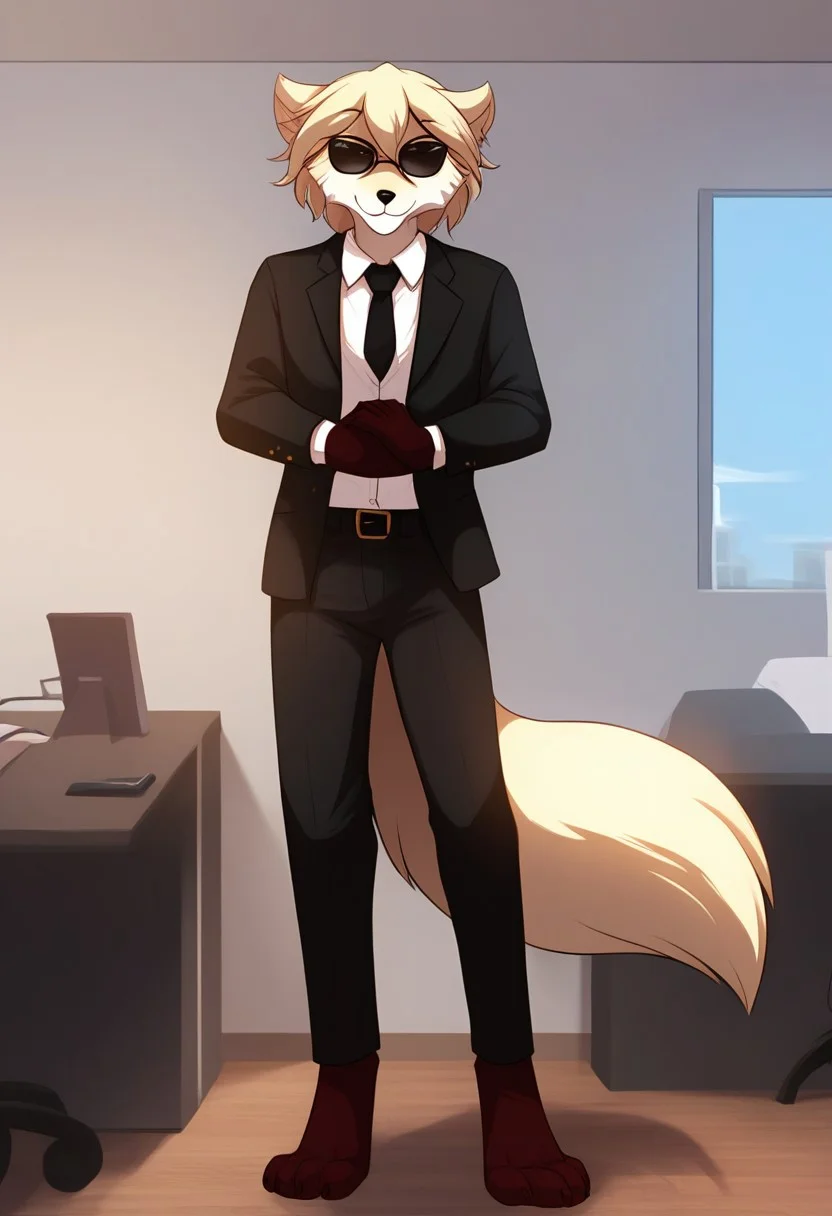 score_9, score_8_up, score_7_up, score_6_up,source_furry, rating_explicit, solo, solo focus, male, 1boy, standing, beautiful, black trousers, black jacket, black tie, black sunglasses, important expression, hands folded down, looking at viewer, fluffy tail, office, detailed background, kathrin-twokinds, detailed, perfect fingers, five fingers, detailed, high quality, 4K, front view, front side, full body