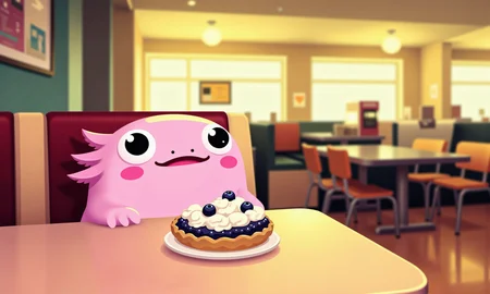 vector illustration, simple vector art of axolotls, close-up of a pink axolotl sitting in a tiny booth in a cozy diner, savoring a miniature blueberry pie topped with whipped cream; its round black eyes reflect pure joy as it takes a tiny bite, with its frilly gills swaying in delight; a warm, golden glow from the dinerâs overhead lights adds a nostalgic feel, while the tilt-shift effect blurs the background of diner tables, coffee cups, and posters, capturing the comforting charm of a classic American diner dessert scene<lora:simple_vector_illustration_FLUX.safetensors:1.3:1.3> <lora:Axomodel_Flux_V2.safetensors:0.75:0.75>