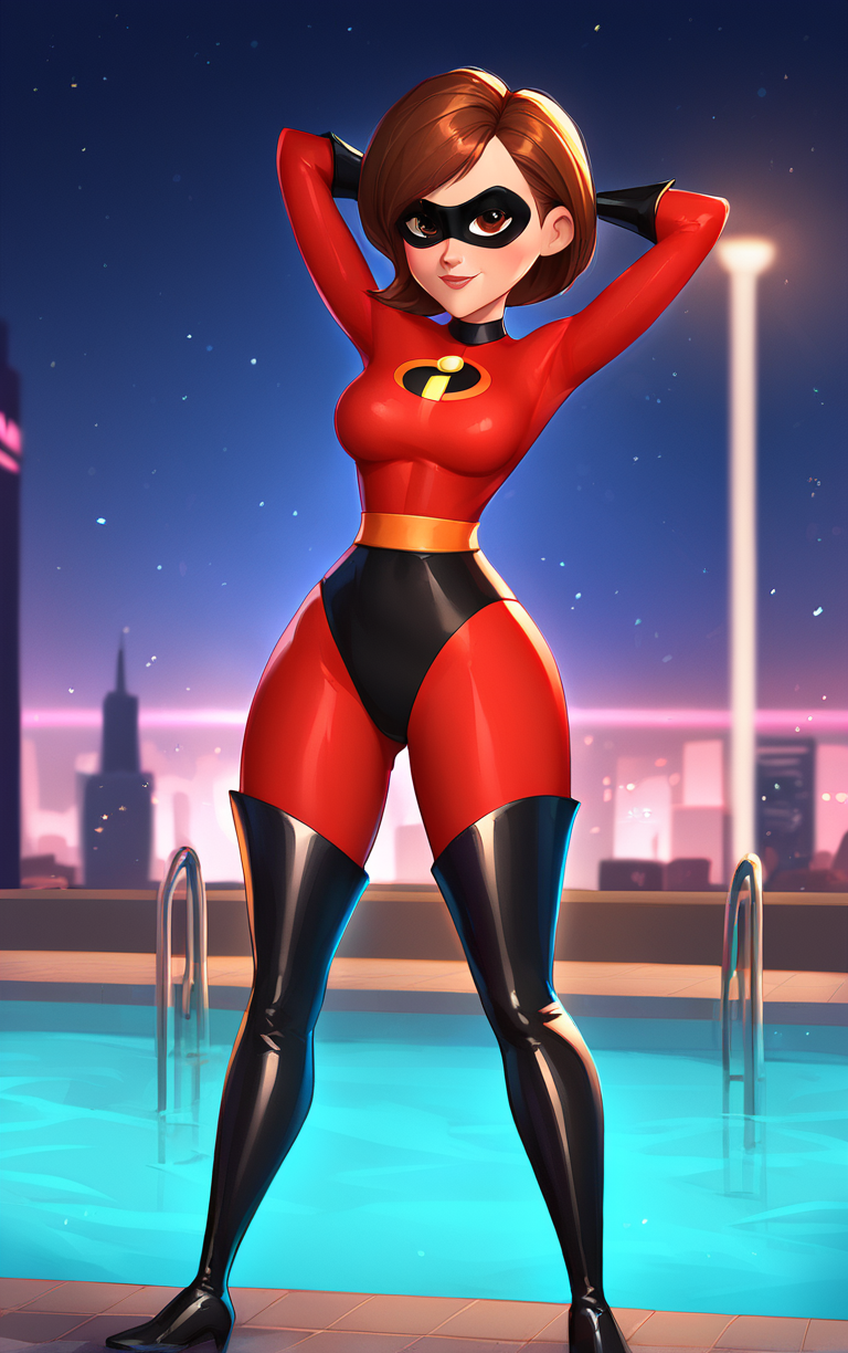 score_9, score_8_up, score_7_up, score_6_up, looking at viewer, 
1girl, black mask, boots, breasts, brown eyes, brown hair, domino mask, gloves, latex, latex gloves, mask, red bodysuit, redbodysuit_helenparr_ownwaifu, short hair, superhero, swept bangs, thighhighs
(contrapposto, arms behind head), neon_lights, cityscape, star (sky), night, pool, outdoors, <lora:PonyXL_RedBodySuit_HelenParr_ownwaifu:0.8>,
 depth of field, light particles,