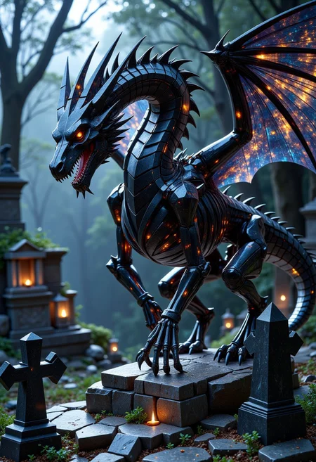 a crystalline dragon skeleton made of cut black nuummite and obsidian with subsurface scattering and subtle light transmission, with a small head, monstrous and colossal, stoically guarding an ancient cemetery of monumental gravestones and mausoleums in the dead of night, jagged and empty skeletal ribcage and spine and skull, skeletal wings spread