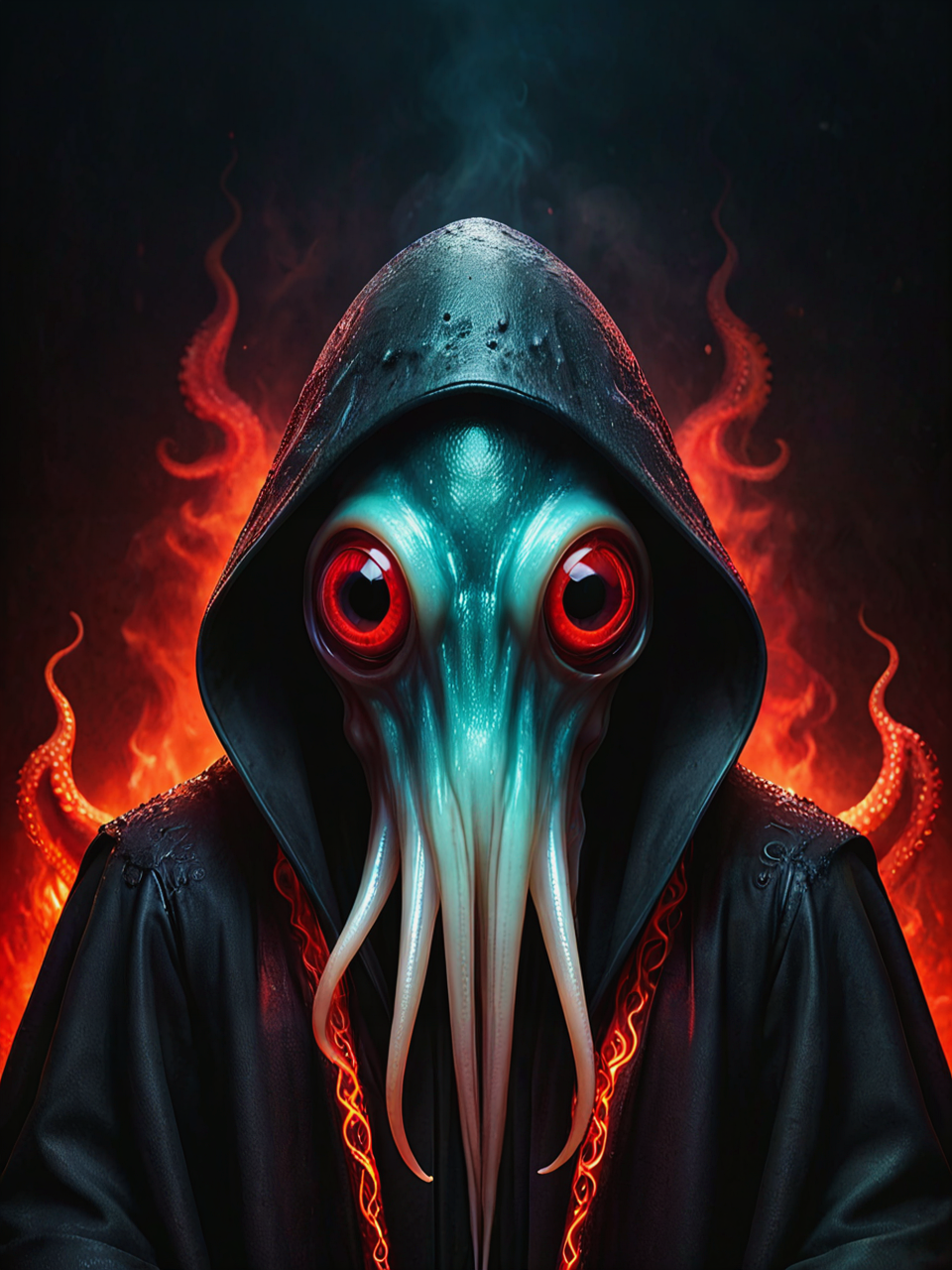 Horror. Squid face. The depths of darkness, amongst the flames. Evil lives. A luminous red squid face.

Wearing a hooded cape. Standing amongst the embers.

<lora:SquidFace02_CE_XL_300-OT:0.5> sqdfceCE_style
