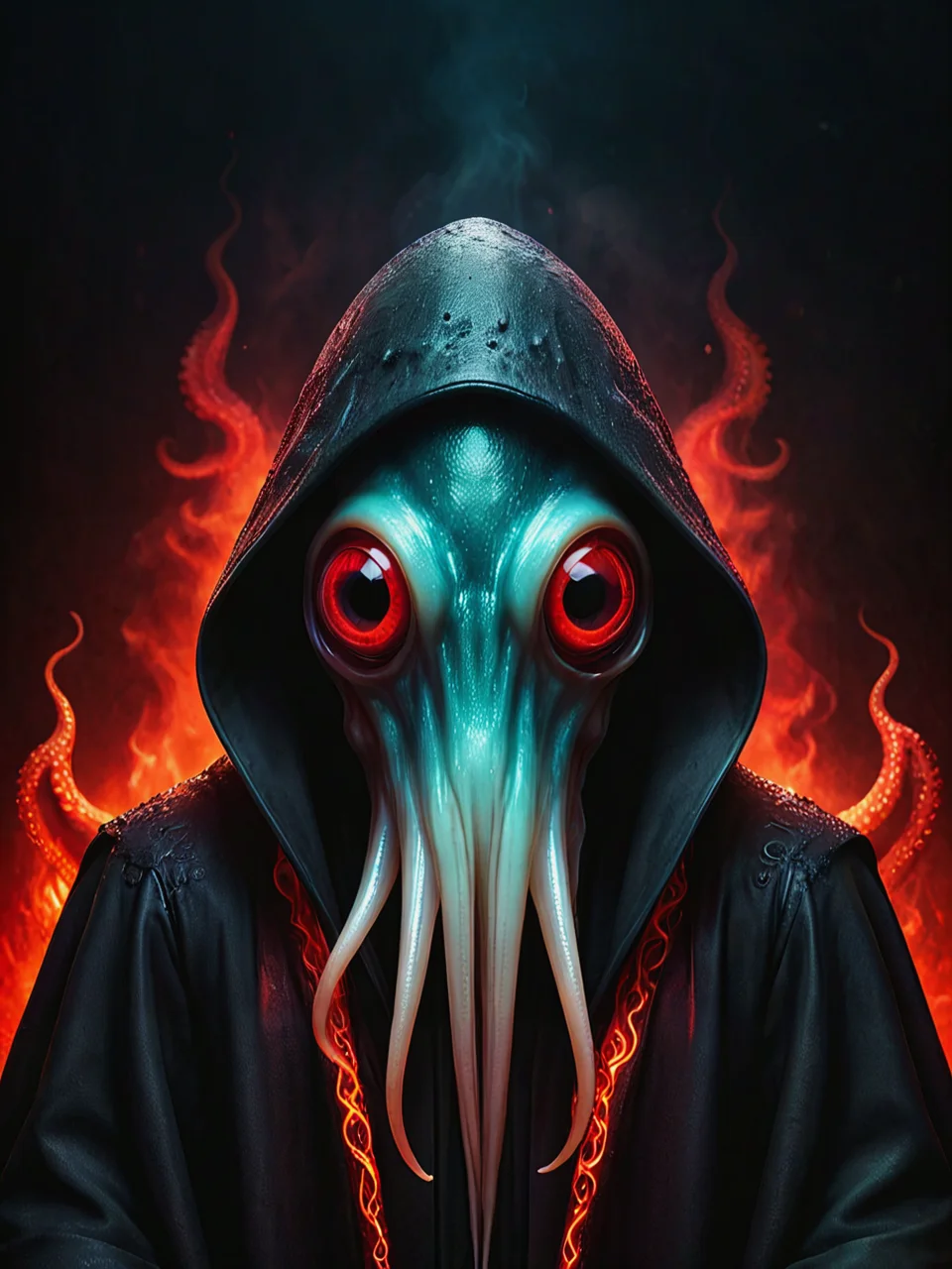 Horror. Squid face. The depths of darkness, amongst the flames. Evil lives. A luminous red squid face.
Wearing a hooded cape. Standing amongst the embers.
<lora:SquidFace02_CE_XL_300-OT:0.5> sqdfceCE_style