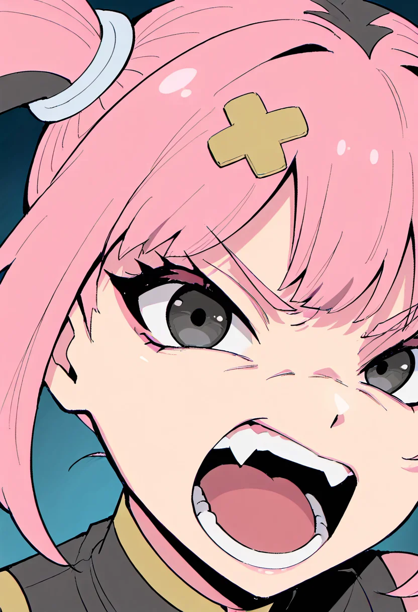 masterpiece, best quality, 1girl, solo, looking at viewer, zzSango2, black eyes, looking at viewer, open mouth, teeth, fang, v-shaped eyebrows, (close up, portrait:1.1), angry, hair accessory, ,<lora:SangoTimeSkipPokemon_IXL:0.8>,