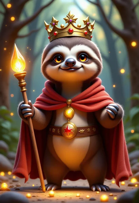 a super realistic 3ds max rtx rendered cute sloth king with crown, holding a magic staff and wearing a magic robe. As super hero game character, Poster style Artwork.
,pinkhidreamfantasy