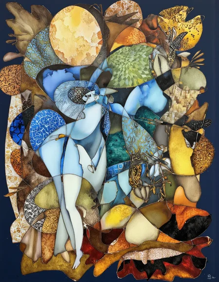 Art by Tigran Matulian. A large, abstract painting with a mix of vibrant colors and patterns, featuring a variety of shapes and textures that create a sense of depth and dimensionality. the painting is composed of a central figure in the center, surrounded by a multitude of smaller, overlapping shapes and patterns in shades of blue, green, yellow, and brown. the figure appears to be a woman with a slim body, wearing a blue dress with intricate patterns and designs, standing in the middle of the image. on the left side of the figure, there is a large, circular piece of fabric with a geometric pattern, and on the right side, there are smaller pieces of fabric in various colors such as yellow, orange, red, and black. the background is a dark blue, and the overall color palette is warm and earthy, with a focus on textures and patterns. the style is reminiscent of modern abstract art, with bold lines and vibrant colors that create an ethereal atmosphere.