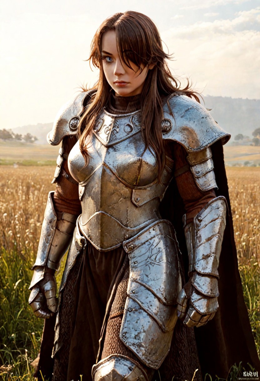 score_9, score_8_up, score_7_up, score_6_up, colored manga style, BREAK Anv4rc3nt, 1girl, solo, long hair, brown hair, blue eye, hair over one eye, muscular female, full armor, fur, gauntlets, pauldrons, cape, open field, standing, blue sky, highly detailed, beautiful art, beautiful background, beautiful lighting