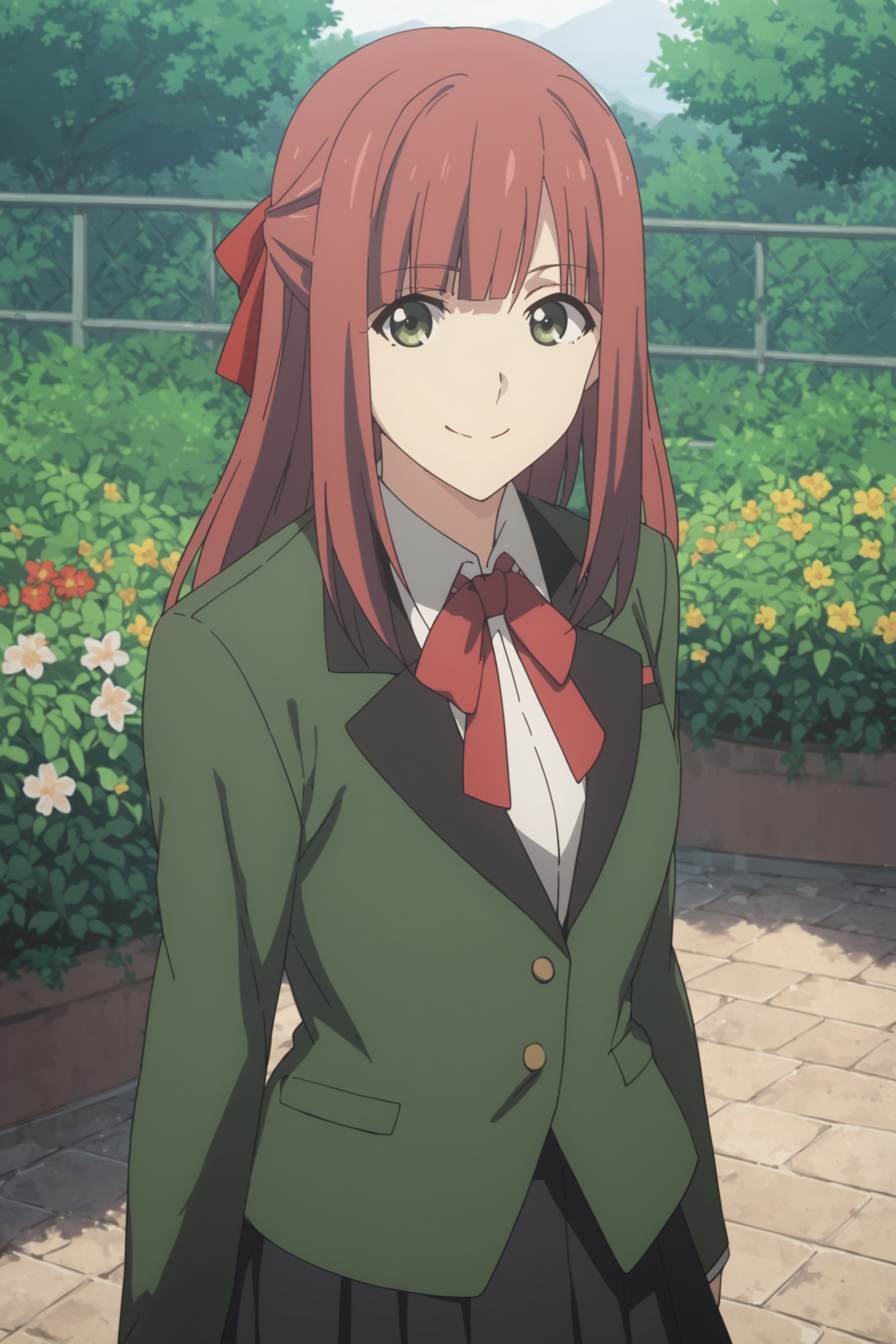 homura suzuko, long hair, red hair, green eyes, hair ribbon, school uniform, red bowtie, white shirt, (jacket:1.5), green jacket, black skirt, pleated skirt, black kneehighs, loafers, <lora:homura_suzuko:0.7>, score_9, score_8_up, score_7_up, score_6_up, score_5_up, source_anime, rating_safe, outdoors, flower garden, 1girl, solo, looking at viewer, <lora:age_slider_v4:3>, smile