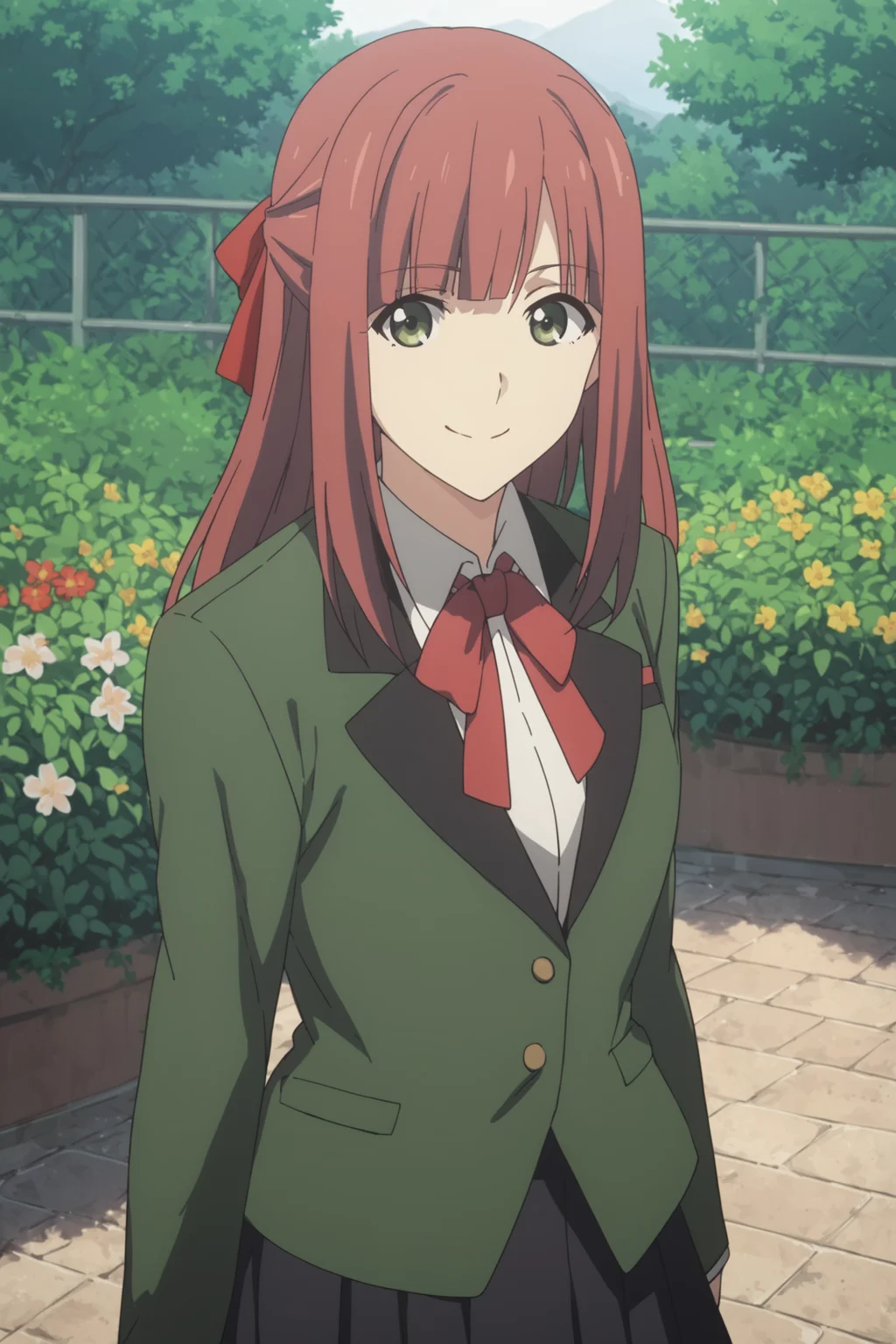 homura suzuko, long hair, red hair, green eyes, hair ribbon, school uniform, red bowtie, white shirt, (jacket:1.5), green jacket, black skirt, pleated skirt, black kneehighs, loafers, <lora:homura_suzuko:0.7>, score_9, score_8_up, score_7_up, score_6_up, score_5_up, source_anime, rating_safe, outdoors, flower garden, 1girl, solo, looking at viewer, <lora:age_slider_v4:3>, smile