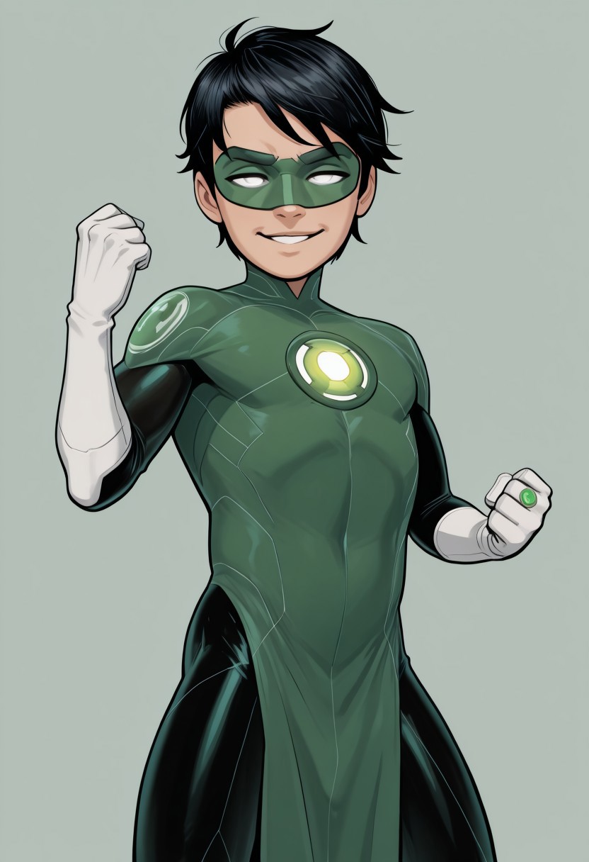 masterpiece, absurdres, high quality, perfect anatomy, 1boy, solo, cute boy, male focus, TaiPham, Black Hair, Green Lantern Ring, Green Lantern Costume, Green and Black Bodysuit, Green Domino Mask, White Eyes, White Gloves, Pelvic Curtain, shortstack, upper body, mecha musume, dynamic, dynamic angle, ((solo)), c7ilf, looking at viewer, smug face, parted lips, dynamic pose, fighting stance, cinematic, intricately detailed illustration, depth of field, masterpiece, best quality, amazing quality, very aesthetic, absurdres, newest, very awa,  shadow, dynamic angle, casual cosplay, simple background,