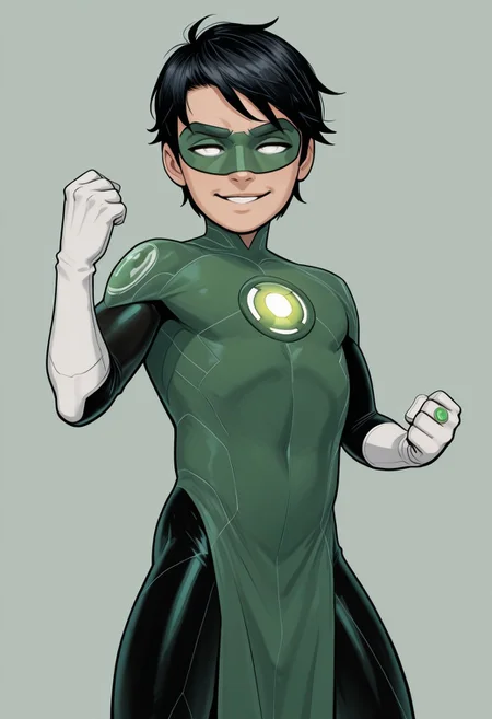 masterpiece, absurdres, high quality, perfect anatomy, 1boy, solo, cute boy, male focus, TaiPham, Black Hair, Green Lantern Ring, Green Lantern Costume, Green and Black Bodysuit, Green Domino Mask, White Eyes, White Gloves, Pelvic Curtain, shortstack, upper body, mecha musume, dynamic, dynamic angle, ((solo)), c7ilf, looking at viewer, smug face, parted lips, dynamic pose, fighting stance, cinematic, intricately detailed illustration, depth of field, masterpiece, best quality, amazing quality, very aesthetic, absurdres, newest, very awa, shadow, dynamic angle, casual cosplay, simple background,
