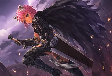 masterpiece, very aesthetic, anime screenshot, 1girl, Pink_PonyXL, DragonSlayerSword-Il.V1.0, black armor, shoulder armor, gauntlets, greaves, bandaged arm, black cape, torn cape, bright pink hair, cat ears, scar on nose, cat bell around neck, tanned, white tiger tail, small breasts, femine body, smiling, making a cute cat face, single fanged tooth showing, standing, looking at viewer, side view, wielding-dragonslayer, huge weapon, sword, holding sword, holding weapon, full body, zoomed in on pink_ponyxl, Dutch angle, cowboy shot
Break
City of hyrule on fire, at night